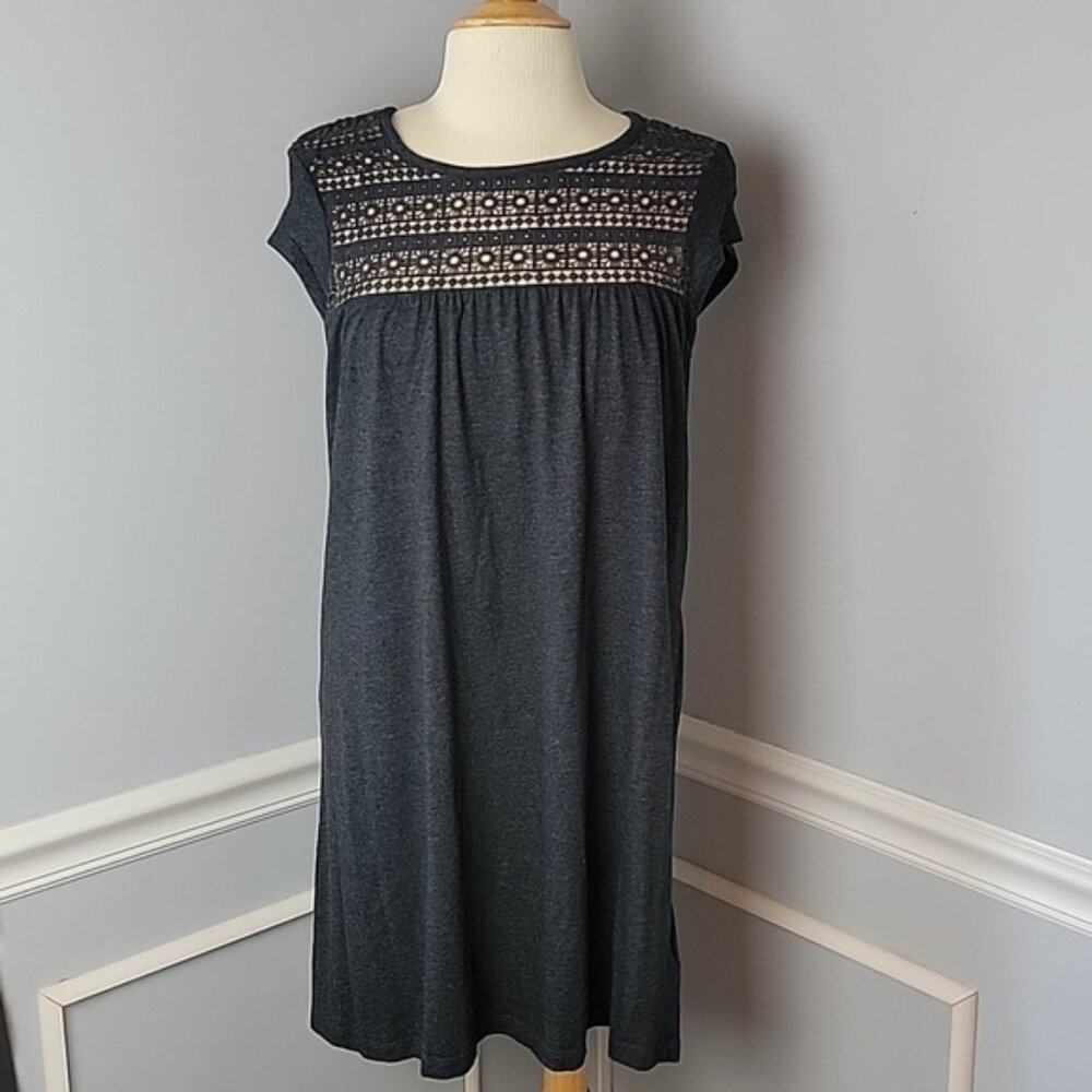 PRANA Gray Jersey Embroidered Eyelet Cap Sleeve Pop Over Boho Shirt Dress Sz L